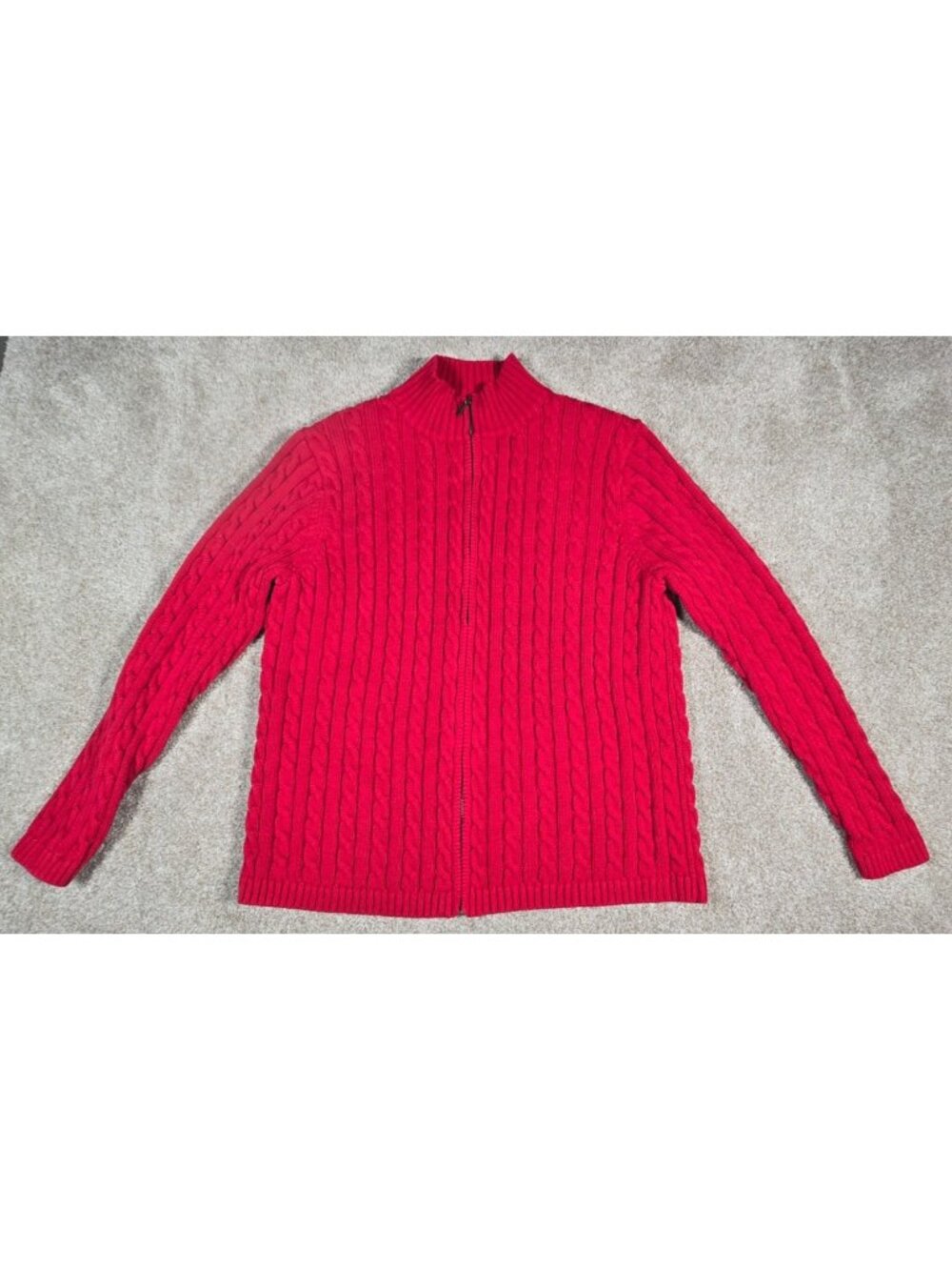 L.L. Bean Red Cable Knit Sweater Cardigan Cotton Full Zip Mock Neck Women's L